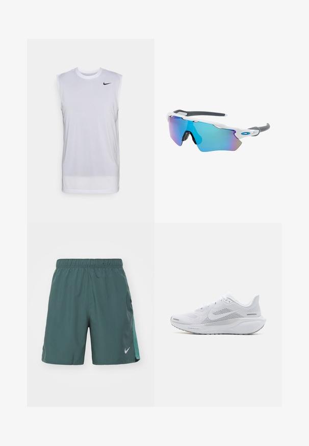 Biele bezrukávové športové tričko vyrobené z ľahkého materiálu. Má okrúhly výstrih a malú čiernu nálepku Nike na hornej ľavej strane.; Nike Performance CHALLENGER - Športové šortky - vintage green/bicoastal/black/reflective silver; Biele športové topánky s sieťovaným zvrškom, hladkými textúrovanými prekrytiami, šedými akcentmi, šnúrkami a odpruženou podrážkou navrhnutou pre výkon.; Slnečné okuliare s bielym rámom, so sivými akcentmi a modrými zrkadlovými sklami. Športový dizajn, okrúhly tvar a nastaviteľné nosové podložky.