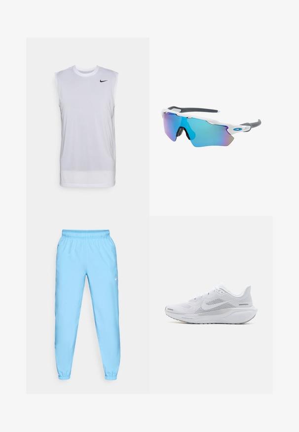 Bílé bezrukávové sportovní tričko vyrobené z lehkého materiálu. Má kulatý výstřih a malé černé logo Nike v levém horním rohu.; Nike Performance FORM PANT - Teplákové kalhoty - university blue/black/reflective silver; Bílé sportovní boty s síťovaným svrškem, hladkými texturovanými překryvy, šedými akcenty, tkaničkami a polstrovanou podrážkou navrženou pro výkon.; Sluneční brýle s bílým rámečkem, šedými akcenty a modrými zrcadlovými čočkami. Sportovní design, obepínající tvar a nastavitelné nosní podložky.
