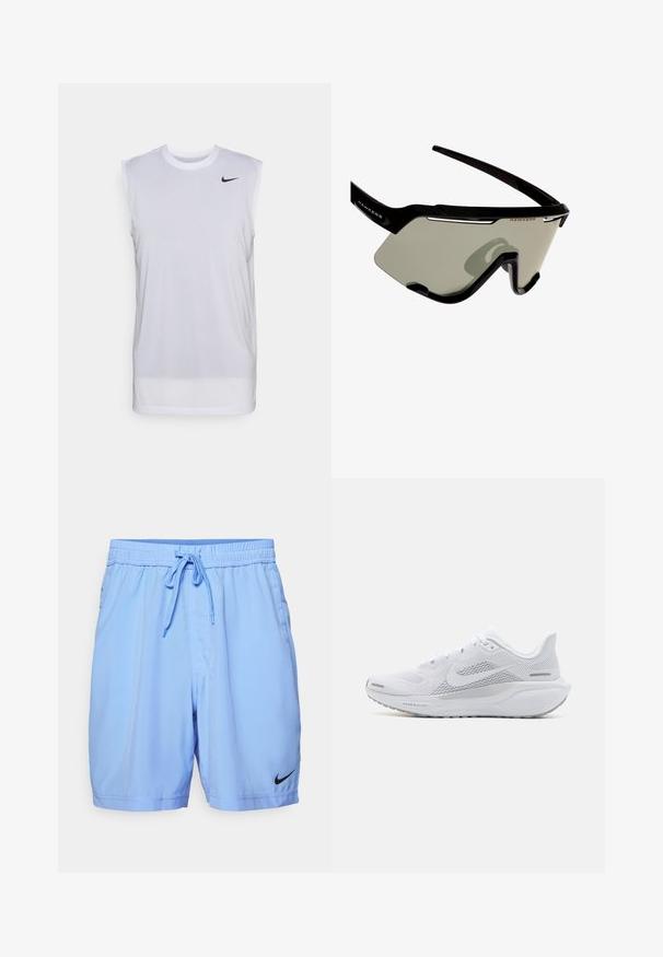 Balts bez piedurknēm sporta krekls, kas izgatavots no viegla materiāla. Tam ir apaļš kakla izgriezums un neliela melna Nike logo augšējā kreisajā stūrī.; Gaiši zili sporta šorti, kas izgatavoti no gludas auduma, ar elastīgu jostu ar auklu, sānu kabatām un melnu Nike logo.; Baltā sporta apava ar sieta augšdaļu, gludām tekstūras aplikācijām, pelēkiem akcentiem, šņorēm un amortizētu zoli, kas izstrādāta veiktspējai.; Melnas sporta saulesbrilles ar apvācojošu dizainu, kas aprīkotas ar lieliem pelēkiem lēcām un izturīgu rāmi ar baltām akcents un logotipu.