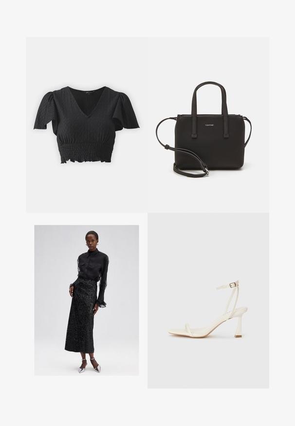 Juodas trumpas topas su trumpomis pūkuotomis rankovėmis, V formos iškirpte ir tekstūruotu audiniu. Turi smulkintą liemenį ir raukšlėtą apatinę dalį.; Juodas marškinėliai su mygtukais ir permatomomis rankovėmis, derinami su blizgančia juoda midi sijonu ir sidabrinėmis aukštakulnėmis bateliais. Elegantiškas ir tekstūruotas dizainas.; Baltos aukštakulnės sandalai su plona dirželių konstrukcija, kvadratiniais pirštais ir smailiu kulnu. Pagaminti iš lygaus paviršiaus, turintys minimalizmo estetiką.; Juoda rankinė su dviem trumpais rankenėlėmis ir nuimamu petį. Lygaus odos tipo medžiaga su užtrauktuku ir logotipo detale.