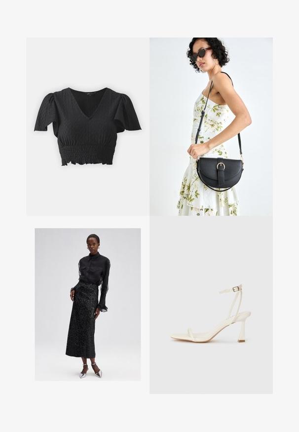 Top negru cropt cu mâneci scurte tip puff, decolteu în V și material texturat. Dispunând de un talie elastică și tiv ondulat.; Bluză neagră cu guler căptușit și mâneci transparente, asociată cu o fustă midi neagră cu mândrițe, și pantofi cu toc înalt argintii. Design elegant și texturat.; Sandalii albi cu toc, cu un design cu bretele subțiri, vârf pătrat și toc ascuțit. Fabricat dintr-un material neted, cu o estetică minimalistă.; Geantă din piele neagră, cu o formă curbată, curea detașabilă și accesorii aurii. Geanta are un capac cu un detaliu tip cataramă.