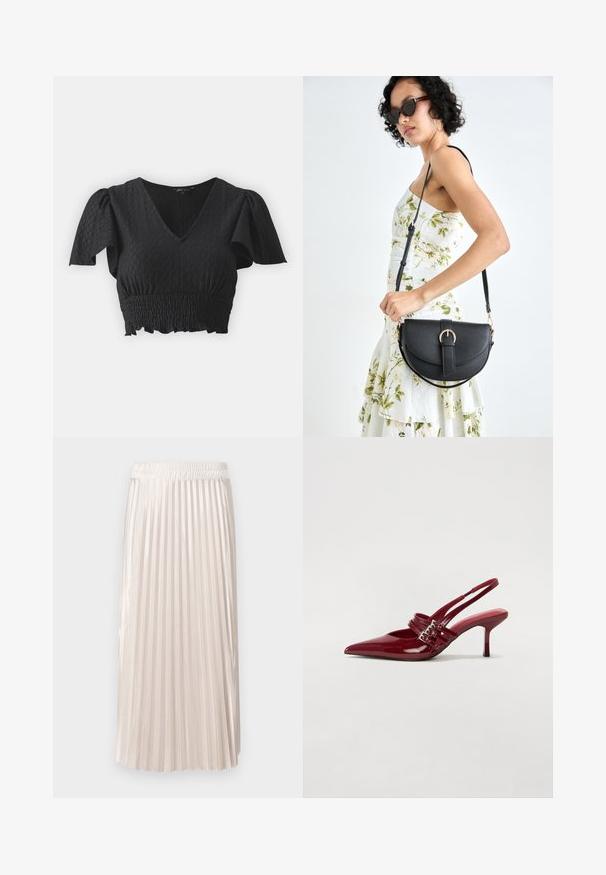 Fekete cropped top rövid puff ujjakkal, V-dekoltázzsal és texturált anyaggal. Ráncolt derékmegoldással és fodros hempergővel rendelkezik.; ONLY ONLLYON - A-vonalú szoknya - pumice stone/gold; Piros lakkbőr slingback sarokcipő, hegyes orral, két csatoló pánttal és vékony, közepes magasságú stiletto sarokkal. Simább textúrájú.; Fekete bőrtáska ívelt formával, levehető pánttal és arany színű fémrészekkel. A táskán egy csattal díszített fedél található.