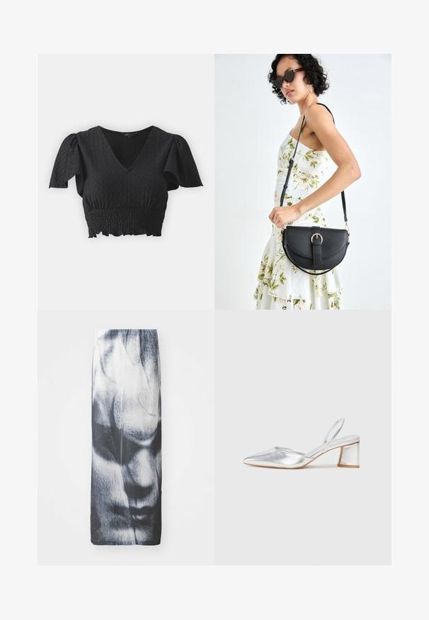 Melnā īsā topā ar īsām pūkainām piedurknēm, V-veida dekoltē un strukturētu audumu. Iekļauj smockētu jostasvietu un viļņotu apakšmalu.; Melnā un baltā garā svārku, kas iezīmēta ar grafisku sejas attēlu, ar gludu tekstūru un piegulošu siluetu.; Sudraba metāliskas augstpapēžu kurpes ar izteikta pirksta galu un atvērtu aizmuguri. Iezīmē trīsstūrveida bloku papēdi un gludu tekstūru.; Melnas ādas rokassoma ar izliekta formu, noņemamu siksnu un zelta aksesuāriem. Somai ir vāciņš ar sprādzes detaļu.