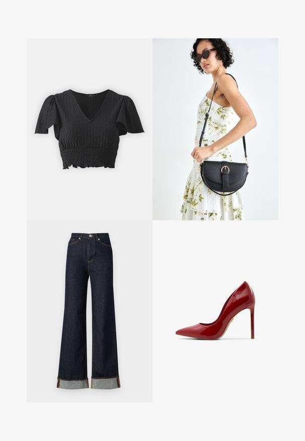 Schwarzes Cropped-Top mit kurzen Puffärmeln, V-Ausschnitt und strukturiertem Stoff. Verfügt über einen gerafften Taillenbund und einen Rüschensaum.; Vero Moda VMTESSA WIDE FOLD UP - Wide Leg - dark blue denim; Rote Lackleder-Pumps mit spitzem Zehenbereich, glatter Oberfläche und schlankem Stiletto-Absatz mit beiger Sohle.; Schwarze Lederhandtasche mit geschwungener Form, abnehmbarem Tragegurt und goldenen Beschlägen. Die Tasche verfügt über einen Deckel mit einer Schnallen-Details.