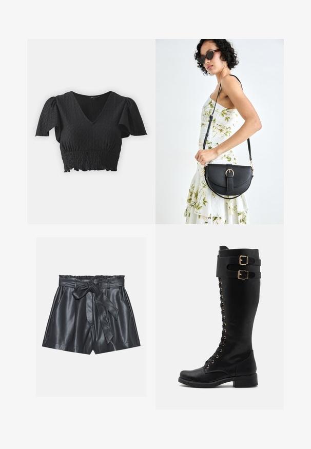 Juodas trumpas topas su trumpomis pūkuotomis rankovėmis, V formos iškirpte ir tekstūruotu audiniu. Turi smulkintą liemenį ir raukšlėtą apatinę dalį.; Juodos oda šortai su aukštu liemeniu, elastinga juosta, nuimama juostos diržu ir lygia tekstūra. Yra lygus priekinis dizainas ir šoninės kišenės.; Juodų odinių batų iki kelių, su auksiniais akcentais, su raišteliais priekyje, dviem sagtimis ir blokuoto pado kulnu.; Juodas odinis krepšys su išlenkta forma, nuimamu dirželiu ir auksiniais detalėmis. Krepšys turi kilpą su sagtimi.