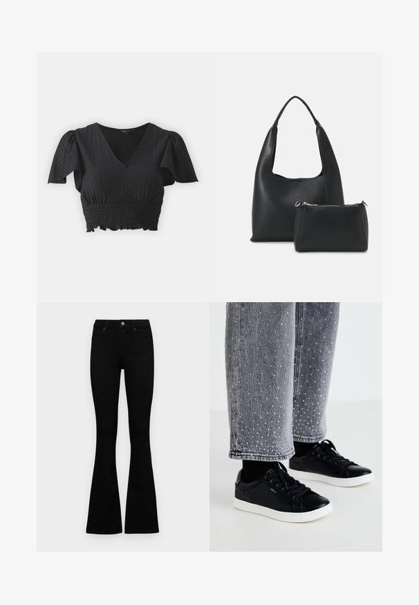 Fekete cropped top rövid puff ujjakkal, V-dekoltázzsal és texturált anyaggal. Ráncolt derékmegoldással és fodros hempergővel rendelkezik.; Fekete, magas derekú farmernadrág gomb- és cipzárzárral, elülső zsebekkel és harangszárral, laposan egy fehér háttérre terítve.; Fekete bőr sportcipők fehér gumitalppal és texturált díszítéssel. Szürke farmernadrággal párosítva, amely díszes ezüst pöttyökkel van ellátva.; Even&Odd Kézitáska - black