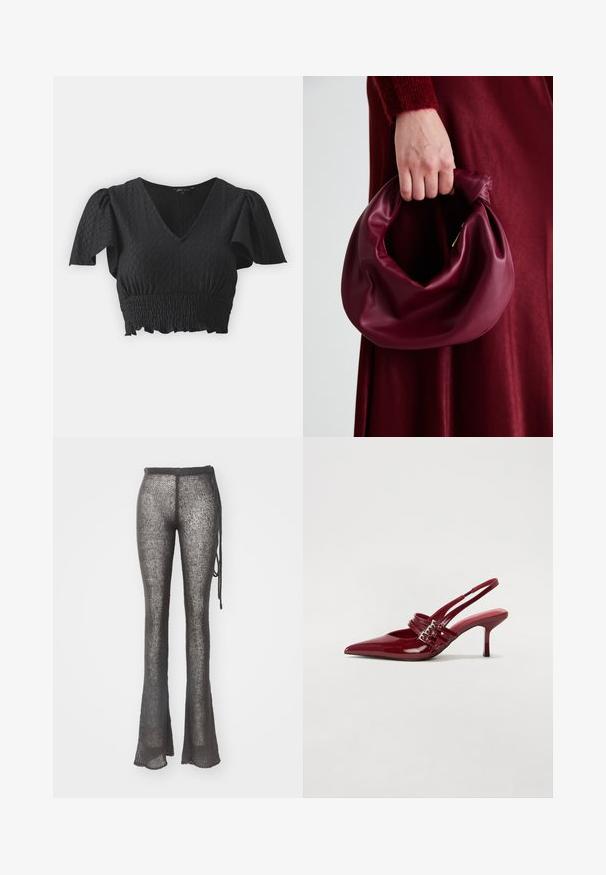 Black cropped top with short puff sleeves, V-neckline, and textured fabric. Features smocked waistband and ruffled hem.; Flared, knitted pants in dark gray with an open weave design. Features a drawstring waist and textured fabric.; Red patent leather slingback heels with a pointed toe, two buckle straps, and a slim, mid-height stiletto heel. Smooth texture.; Burgundy leather handbag with a soft, gathered design and a rounded shape. The handle is secured, showcasing a smooth texture.