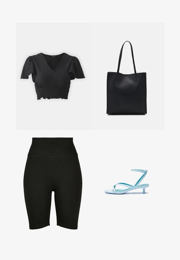 Top negru cropt cu mâneci scurte tip puff, decolteu în V și material texturat. Dispunând de un talie elastică și tiv ondulat.; Șorturi de bicicleta negre, cu talie înaltă, fabricate dintr-un material elastic, cu o textură netedă și tiv cusut, concepute pentru confort și libertate de mișcare.; Sandal cu barete subțiri de culoare albastru deschis, cu vârf pătrat, toc jos, curea de gleznă ajustabilă și finisaj neted, lucios. Barete încrucișate pe talpa interioară.; Geantă tote neagră din piele, cu textură netedă, formă rectangulară și două mânere lungi. Fără hardware vizibil sau ornamente.
