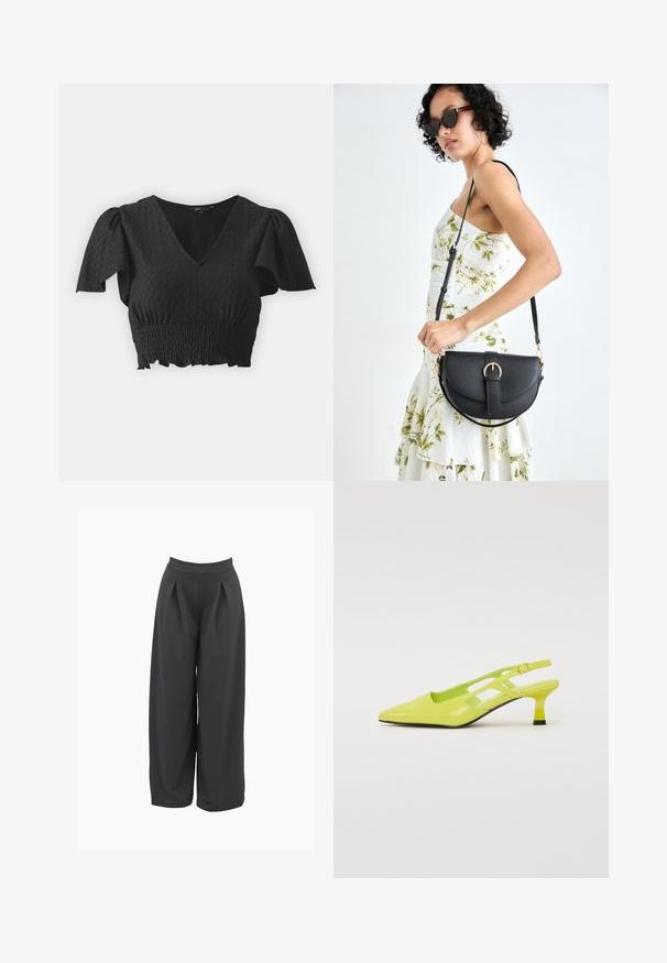 Juodas trumpas topas su trumpomis pūkuotomis rankovėmis, V formos iškirpte ir tekstūruotu audiniu. Turi smulkintą liemenį ir raukšlėtą apatinę dalį.; Platalongai kelnės tamsiai pilkos spalvos, turinčios aukštą liemenį, priekinės klostes ir sklandų audinio paviršių. Priklausomai nuo skirtingų dydžių, jos yra laisvos kirpimo.; Geltoni šlepetės su smailiu pirštu, blizgiu paviršiumi, išpjauta šonine dalimi ir trumpu, storu kulniuku.; Juodas odinis krepšys su išlenkta forma, nuimamu dirželiu ir auksiniais detalėmis. Krepšys turi kilpą su sagtimi.