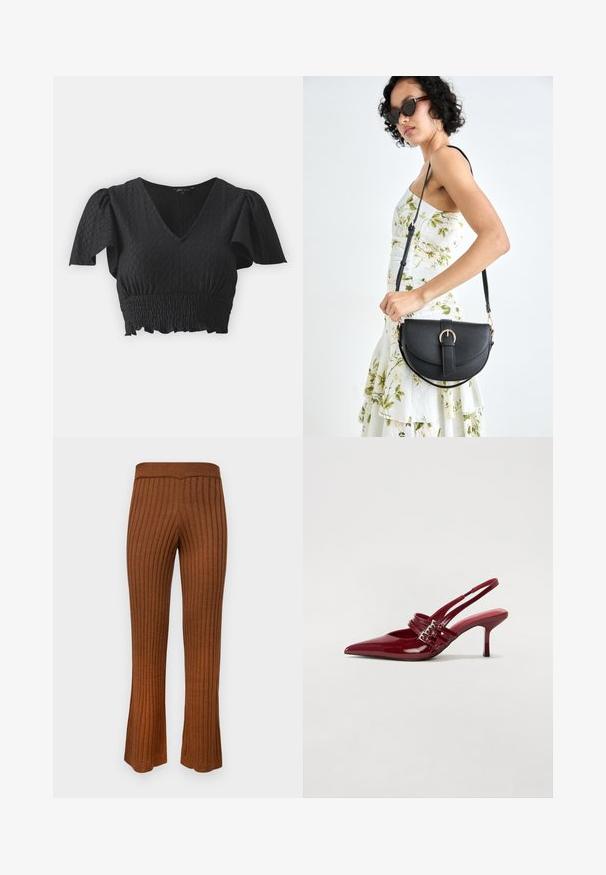 Melnā īsā topā ar īsām pūkainām piedurknēm, V-veida dekoltē un strukturētu audumu. Iekļauj smockētu jostasvietu un viļņotu apakšmalu.; Kafijas krāsas ribota adīta svārku bikses ar pieguļošu jostas daļu. Tekstūru audums ar vertikālām svītrām un platām kāju atverēm apakšā.; Sarkana lakota ādas kurpju kurpes ar atvērtu papēdi, norādītu purngalu, divām sprādzēm un slaidu, vidēja augstuma stiletu papēdi. Gluda tekstūra.; Melnas ādas rokassoma ar izliekta formu, noņemamu siksnu un zelta aksesuāriem. Somai ir vāciņš ar sprādzes detaļu.