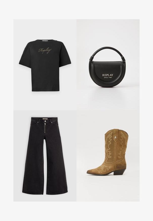 Melnas īsām piedurknēm T-krekls ar zeltītu rokrakstā "Replay" logotipu centrā uz krūtīm, attēlots uz vienkārša baltā fona.; Platas kājas džinsi melnā džinsa audumā ar rāvējslēdzēju priekšā, piecu kabatu dizains un smalkas šuvju detaļas. Gluda tekstūra un ikdienišķs stils.; Browningas zamšādas kovboju zābaks ar izteikto pirkstu, sarežģītu balto šuvumu un slīpu papēdi. Satur dekoratīvu dizainu uz kājas un augšējā uzlīmes.; Melnas ādas rokassomu ar apļveida formu, augšējo rokturi un sudraba aksesuāriem. Priekšpusē ir logo "REPLAY SINCE 1981".