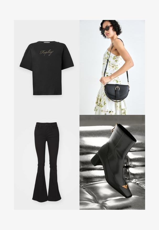 T-shirt preta de manga curta com o logótipo em itálico dourado "Replay" centrado no peito, apresentado sobre um fundo branco simples.; Jeans flare pretos com uma cintura alta, apresentando um fecho de botão e ziper padrão, dois bolsos frontais e um tecido ligeiramente texturizado.; Bota de tornozelo em couro preto com bico quadrado, detalhe triangular dourado e salto de altura média. Textura lisa contra um fundo prateado brilhante.; Bolsa de couro preta com forma curva, alça destacável e detalhes em dourado. A bolsa possui uma aba com detalhe de fivela.