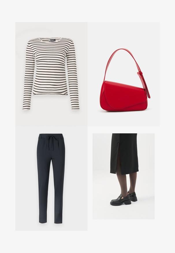 Svītrainā ilgiem piedurknēm augšdaļa krēmkrāsā un melnā krāsā. Ar ribotu struktūru un apaļo kakla izgriezumu. Taisna apakša ar viegliem sānu izgriezumiem.; Tumši zili, pieguļoši bikses ar aukliņu viduklī, izgatavotas no mīksta, elastīga auduma, ar plakanu priekšpusi un sašaurinātām kājām.; Melni ādas apavi ar noapaļotu purngalu, biezām bloku papēžiem un elastīgiem sānu akcentiem, apvienoti ar tumšām zeķubiksēm un melnu svārku ar šķirbu.; Sarkans ādas rokassomi ar stūrainu, ģeometrisku dizainu. Iekļauj vienu regulējamu siksnu un vāku ar izšūtu detaļu.