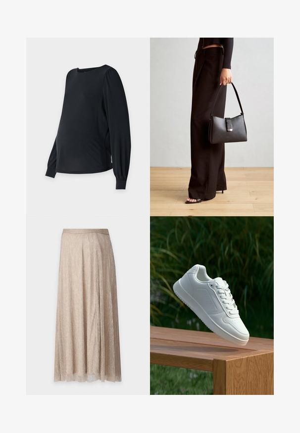 Melnas grūtniecības blūzes ar garām, pūkainām piedurknēm, apaļu kakla izgriezumu un brīvu piegriezumu. Izgatavota no gludas, elastīgas auduma, lai nodrošinātu komfortu.; Bežs plisēts svārks ar spīdīgu apdari, kuram ir plats jostasvieta un plūstoša auduma, kas krīt zem ceļgaliem. Teksture ar maigu spīdumu.; Baltie sporta apavi ar gludu sintētisku augšpusi, perforētu pirkstu daļu, plakani šņorēm un rakstainu zoli, novietoti uz koka virsmas.; Melnā somiņa ar strukturētu formu, gludu tekstūru un metālu sprādzi. Saskaņota ar platām melnām biksēm un sandālēm ar atvērtu purngalu uz koka grīdas.