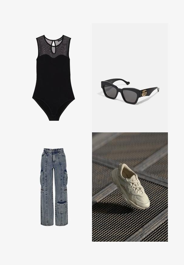 Svart bodysuit med mesh detaljer, uten ermer, rund hals og nøkkelhull bak. Har glatt, elastisk stoff og minimal pynt.; Lette blå denim cargo-bukser. Har vide ben, flere sidelommer og kontrasterende mørke denim-detaljer. Strukturerte med synlige sømmer.; Beige sneakers med teksturert stoff, kontrasterende glatte detaljer, avrundet såle og lisser, svevende over en rutenett-overflate.; Svarte rektangulære solbriller med mørke linser, med gull GG-logo på siden. Laget av blank plast med rette tempelarmar.