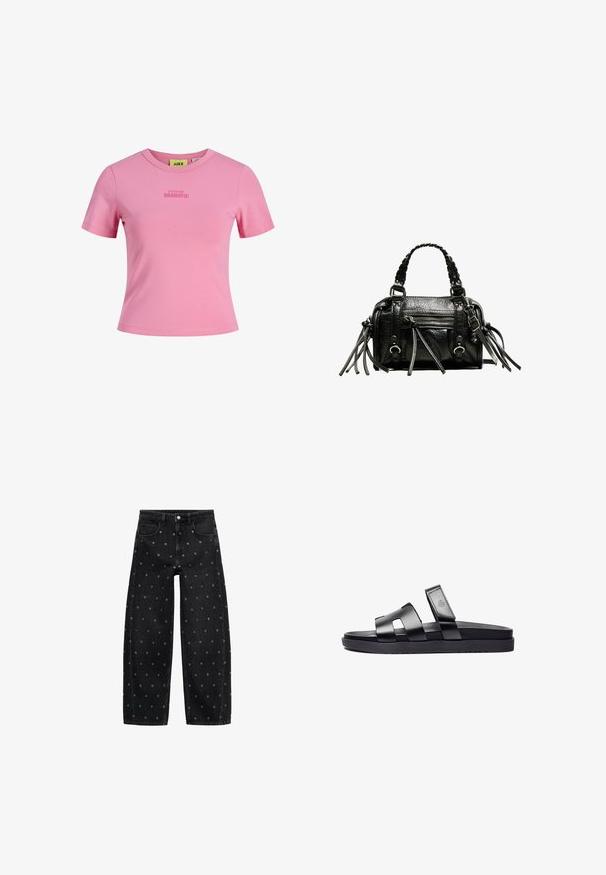 Pink short-sleeve T-shirt made from soft fabric, featuring a crew neckline and the text "A LITTLE BIT DRAMATIC" in bold print.; Black denim wide-leg jeans featuring a pattern of small silver grommets, with a classic five-pocket design and button front closure.; Black slide sandals featuring two wide, flat straps with cut-out details and a textured footbed, set on a black, smooth sole.; Black leather handbag with braided handles, textured surface, zippered front pocket, and decorative fringe accents. Compact and structured shape.