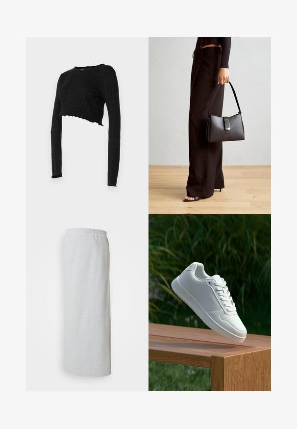 Haut noir à manches longues cropped avec une texture côtelée et un ourlet à volants. Tissu lisse sans motifs, doté d'un col rond.; Jupe de survêtement gris clair en mélange de coton doux, dotée d'une taille élastique, de poches latérales et d'une silhouette droite longue.; Sneakers blanches avec une tige synthétique lisse, un avant perforé, des lacets plats et une semelle texturée, présentées sur une surface en bois.; Sac à main noir à la forme structurée, texture lisse et fermoir métallique. Associé à un pantalon noir ample et des sandales ouvertes sur un sol en bois.
