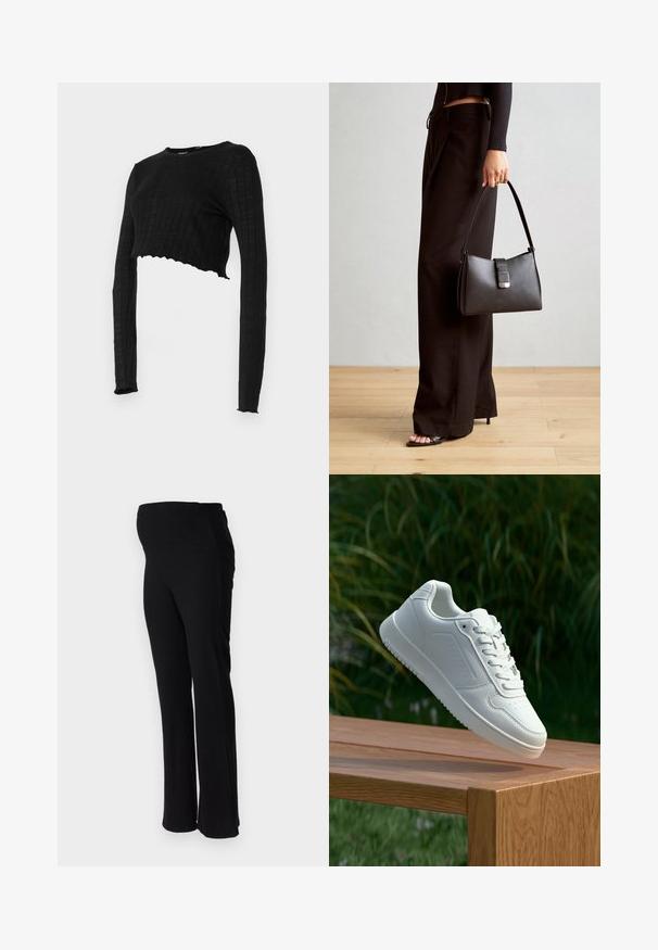 Melns īsais garo piedurkņu tops ar ribotu faktūru un viļņotu apakšmalu. Gluda auduma, bez rakstiem, ar apaļu kakla izgriezumu.; ONLY MATERNITY OLMHALLE - Auduma bikses - black; Baltie sporta apavi ar gludu sintētisku augšpusi, perforētu pirkstu daļu, plakani šņorēm un rakstainu zoli, novietoti uz koka virsmas.; Melnā somiņa ar strukturētu formu, gludu tekstūru un metālu sprādzi. Saskaņota ar platām melnām biksēm un sandālēm ar atvērtu purngalu uz koka grīdas.