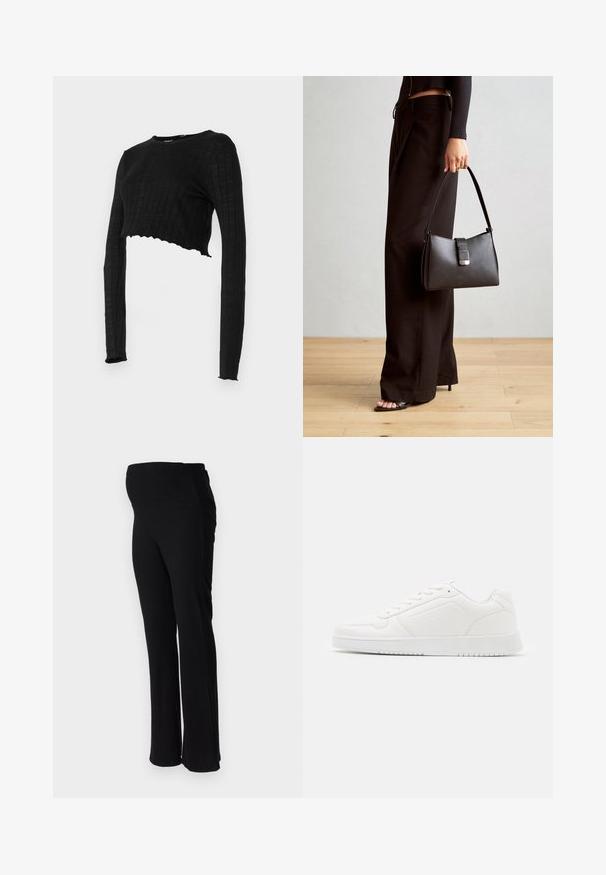 Schwarzes, kurzes Langarmtop mit gerippter Textur und gewelltem Saum. Glatte, einfarbige Stoffqualität mit rundem Halsausschnitt.; ONLY MATERNITY OLMHALLE - Stoffhose - black; Weißer Sneaker aus glattem synthetischem Material mit runder Spitze, Schnürdesign, flacher Sohle und dezenten Perforationen.; Schwarze Handtasche mit strukturierter Form, glatter Textur und einem metallischen Verschluss. Kombiniert mit weiten schwarzen Hosen und offenen Sandalen auf einem Holzboden.