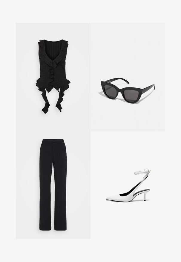 Top preto sem mangas com um decote em V profundo, apresentando bordas franzidas e fitas na bainha. Tecido texturizado com um padrão subtil.; Calças pretas, ajustadas, com frente lisa, pernas direitas e um tecido liso e texturizado. Sem bolsos visíveis ou adornos.; Sapatos de salto alto brancos com biqueira fina e tiras de calcanhar. Material de couro liso, salto agulha fino e forro interior preto.; Óculos de sol cat-eye pretos com acabamento mate, apresentando lentes cinzentas, ângulos acentuados e hastes elegantes. Nome da marca visível na parte interna da haste.