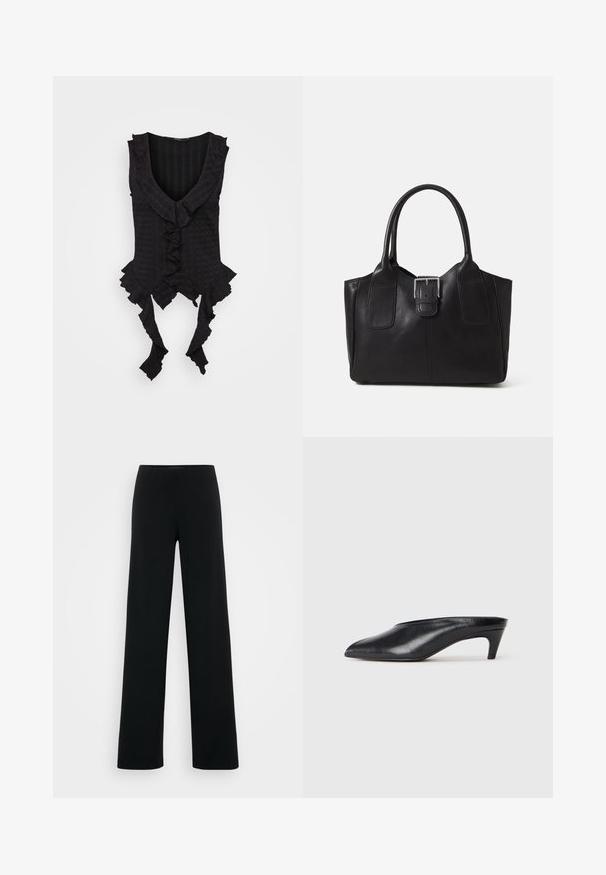 Svart ermeløs topp med dyp V-hals, med volanger langs kantene og knyting i hemmet. Teksturert stoff med et subtilt mønster.; Vero Moda Tall VMBERLIN ZAMIRA WIDE - Bukse - black; Sorte lærremmer med spiss tå, lav hæl og glatt tekstur. Minimalistisk design uten synlig maskinvare eller mønstre.; Svart skinn toteveske med jevn tekstur, strukturert form, to håndtak og en fremtredende sølvspenne foran.