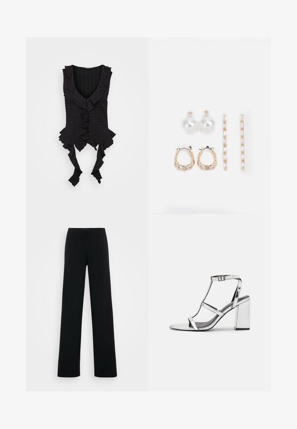 Svart ärmlös topp med djup V-ringning, försedd med volanger i kant och snören i fållen. Strukturerad tyg med ett subtilt mönster.; Vero Moda Tall VMBERLIN ZAMIRA WIDE - Tygbyxor - black; Silverfärgade metalliska klacksandaler med T-remdesign, justerbar ankelspänne och blockklack, med en slät, reflekterande yta.; Tre par örhängen: stora vita pärlknappar, guldörhängen med klara ädelstenar, och två långa, raka guldaccentörhängen med glittrande detaljer.