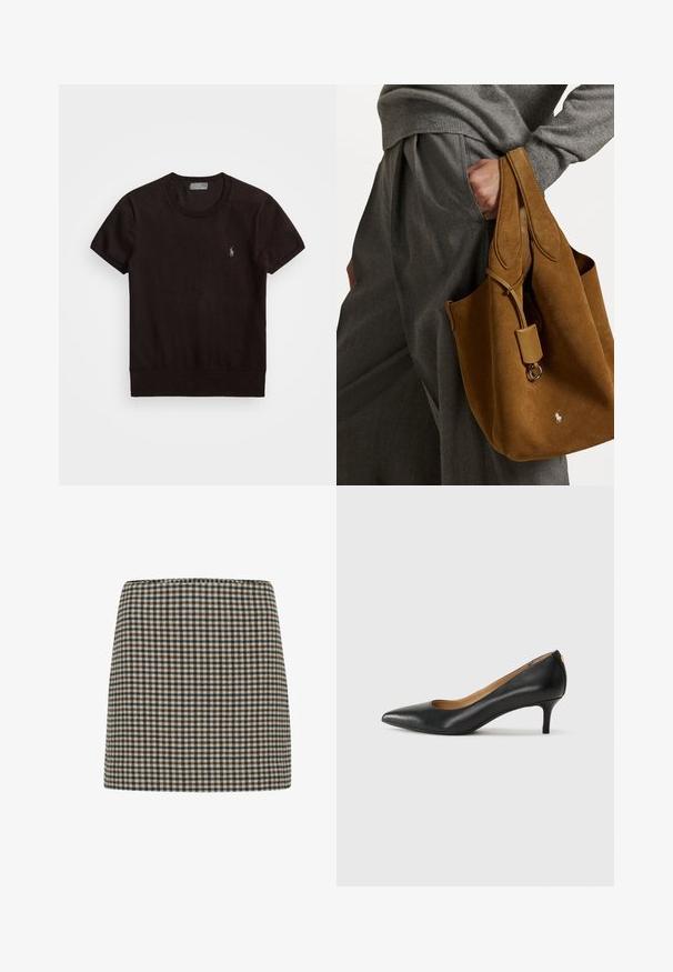 T-shirt noir à manches courtes en tissu doux, avec un col rond et un petit logo brodé sur la poitrine gauche.; Jupe mini à carreaux en noir, brun et crème. Forme structurée avec une taille haute. Texture de tissu douce avec un motif à grille uniforme.; Pompe noire en cuir avec un embout pointu, un petit talon et une texture lisse. Présente une légère ouverture à l'avant et un matériel minimal à l'arrière.; Sac fourre-tout en daim marron avec une forme arrondie, deux poignées et un accent en métal. Présente un petit logo sur le devant.