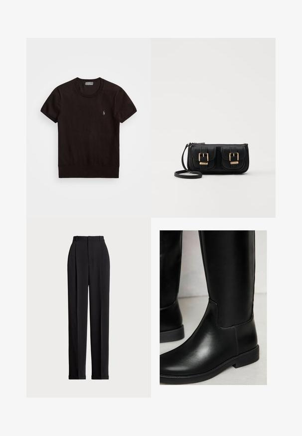 Črna majica s kratkimi rokavi, izdelana iz mehkega materiala, z okroglim izrezom in majhnim vezenim logotipom na levem prsnem delu.; Črne krojene hlače z visokim pasom, z naborki spredaj, ravnim krojem in manšetami na koncu. Narejene iz gladkega materiala.; Črne usnjene škornje do kolen s gladko teksturo, okroglo špico, minimalnim šivanjem in nizkim blokastim petam. Imajo eleganten, prilegajoč se dizajn.; Črna usnjena torbica čez ramo z dvema sprednjima žepoma, zlatimi zaponkami, zadrgo in ozkim pasom. Tekstura površine je strukturirana, obliko pa ima kompaktno pravokotno.