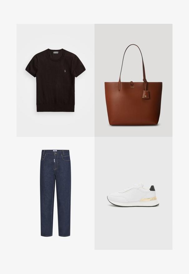 Juodas trumpomis rankovėmis marškinėliai, pagaminti iš minkštos medžiagos, su apvalia iškirpte ir mažu išsiuvinėtu logotipu kairiajame krūtinės kampe.; Tamsiai mėlynos džinsinės kelnės su tiesiomis kojomis, su oranžinėmis siūlėmis, priekinėmis kišenėmis ir mygtuko uždarymu. Patvari medžiaga su lygiu paviršiumi.; Balti sportbačiai su lygiu paviršiumi, su juodu kulno akcentu ir auksiniu metaliniu detaliu ant tarpiklio. Laidiška konstrukcija, guminis padas.; Ruda akmenukų odos rankinė su dviem rankenomis, smaigiu pridedamu žymeniu ir subtiliu logotipu priekyje. Lygus paviršius su struktūrizuota forma.