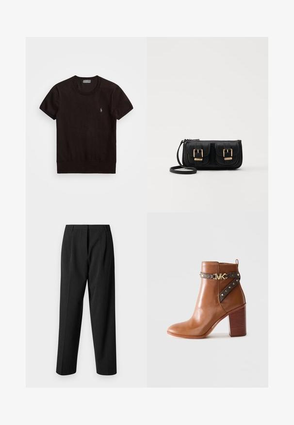 Črna majica s kratkimi rokavi, izdelana iz mehkega materiala, z okroglim izrezom in majhnim vezenim logotipom na levem prsnem delu.; Črne skrojene hlače s ravnim krojem, ki imajo teksturirano blago, sprednje naborke in gladek pas.; Rjavi usnjeni gležnjarji z blokastim petami, stransko zanko z zlatimi zakovicami in z zlatim sponko z logotipom "MK".; Črna usnjena torbica čez ramo z dvema sprednjima žepoma, zlatimi zaponkami, zadrgo in ozkim pasom. Tekstura površine je strukturirana, obliko pa ima kompaktno pravokotno.