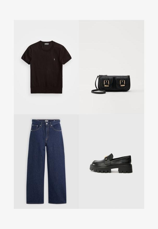T-shirt preta de mangas curtas feita de um tecido suave, apresentando um decote redondo e um pequeno logotipo bordado no lado esquerdo do peito.; Jeans de ganga de perna larga azul escura com cintura alta, apresentando cinco bolsos, passantes para cinto e detalhes em costura cobre. Textura suave.; Mocassins de couro preto com uma sola robusta, apresentando um detalhe em tom dourado na parte da frente e um acabamento suave. Design de solado com cravos robustos.; Bolsa de ombro em couro preto com dois bolsos frontais, fivelas douradas, fecho de zíper e uma alça fina. Superfície texturizada e forma retangular compacta.