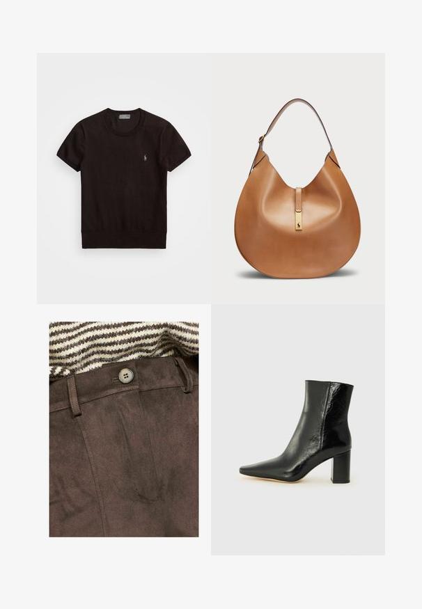 Melnas īsām piedurknēm T-kreklā, izgatavots no mīkstas auduma, ar apaļu kakla izgriezumu un mazu izšūtu logotipu kreisajā krūtī.; Brūnas zamšveidīgas bikses ar gludu faktūru, ar priekšējo pogu un jostas cilpām, daļēji pārklātas ar svītrainu adītu džemperi.; Melna potīte, izgatavota no mirdzošas ādas, ar norādītu purngalu un masīlu kvadrāta papēdi. Iezīmes ir gluda tekstūra un minimālisma dizains.; Tan krāsas ādas rokassoma ar izliekta formu un plašu plecu siksnu. Iekļauj zelta metāla akcentu centrā un vienmērīgu tekstūru.