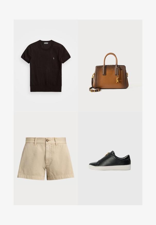 Črna majica s kratkimi rokavi, izdelana iz mehkega materiala, z okroglim izrezom in majhnim vezenim logotipom na levem prsnem delu.; Beige bombažne kratke hlače z ravnim pasom, sprednjim gumbnim zapiranjem in stranskimi žepi; ravna kroja z gladko teksturo in obrobljenimi robovi.; Črne usnjene čevlje s potiskom, z dvignjenim šivom, srebrnimi dodatki na zgornjem delu in belim gumijastim podplatom z utisnjenim logotipom.; Rjava usnjena torbica z dvema zgornjima ročajema, odstranljivim naramnicam, zlatim okovjem in dekorativnim čarom s črkami "MK."