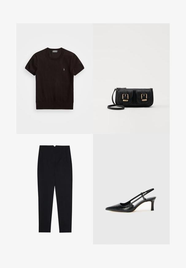 Melnas īsām piedurknēm T-kreklā, izgatavots no mīkstas auduma, ar apaļu kakla izgriezumu un mazu izšūtu logotipu kreisajā krūtī.; Melnas bikses, izgatavotas no teksturētas auduma, ar taisnu priekšpusi, sānu kabatām un taisnu kāju griezumu ar vidēju vidukļa augstumu.; Melna patent āda ar slīdošo papēdi un smailo purngalu, ar teksturētu čūsku drukājumu, regulējamu siksniņu un īsu teksturētu blokpapēdi.; Melnas ādas crossbody soma ar divām priekšējām kabatām, zelta sprādzēm, ar rāvējslēdzēju aizdari un šauru siksnu. Strukturēta virsma un kompakta taisnstūra forma.