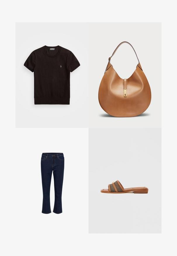 Melnas īsām piedurknēm T-kreklā, izgatavots no mīkstas auduma, ar apaļu kakla izgriezumu un mazu izšūtu logotipu kreisajā krūtī.; Tumši zili denima džinsi ar vidēju jostas augstumu, pogu aizdari, priekšējām kabatām un nelielu izplati apakšmalā.; Brūna slaida sandale ar divām platiem auduma siksniņām tumšā rakstā, ar plakanu papēdi un zelta detaļām.; Tan krāsas ādas rokassoma ar izliekta formu un plašu plecu siksnu. Iekļauj zelta metāla akcentu centrā un vienmērīgu tekstūru.