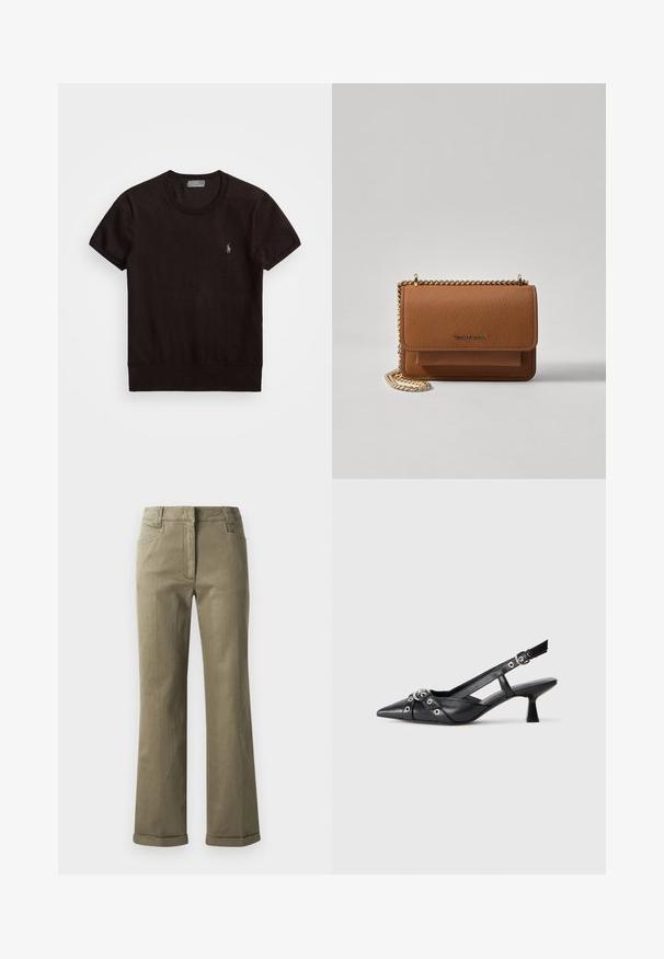 T-shirt preta de mangas curtas feita de um tecido suave, apresentando um decote redondo e um pequeno logotipo bordado no lado esquerdo do peito.; Calças largas em tom bege feitas de um tecido macio. Apresentam uma bainha dobrável, bolsos frontais e uma meia-zip com fecho de botão.; Sapato slingback em couro preto com biqueira fina, tiras decorativas com ilhós de metal e um pequeno salto quadrado. Superfície texturizada.; Bolsa crossbody de couro texturizado castanho com alça de corrente dourada e fecho com aba. A parte da frente apresenta detalhe do logótipo e um bolso sob a aba.