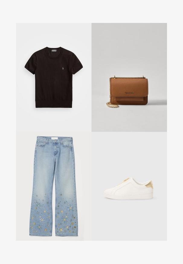 Čierne tričko s krátkymi rukávmi vyrobené z mäkkej látky, so zaobleným výstrihom a malým vyšitým logom na ľavej hrudi.; Svetlomodré široké džínsy s dekoratívnymi ozdobami, obsahujúce kovové zlaté, strieborné a tyrkysové hviezdne vzory pri spodnom okraji.; Biele nízke tenisky s zlatým pätkovým detailom a zlatým zipsom, s logom Michael Kors na podrážke a päte.; Hnedá textúrovaná kožená taška cez telo s zlatým reťazovým popruhom a preklopným uzáverom. Predná strana obsahuje detail s logom a vrecko pod preklopkou.