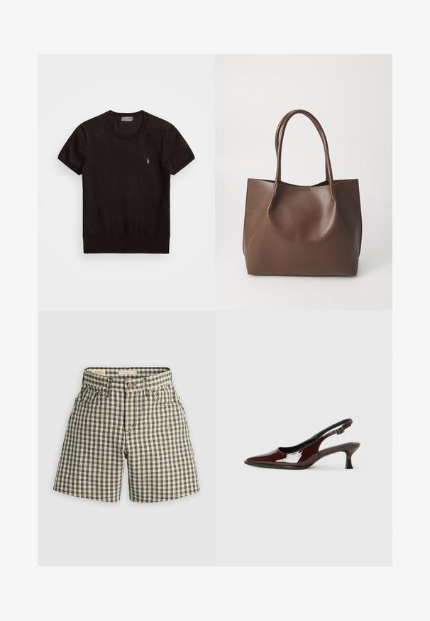 Black short-sleeve t-shirt made from soft fabric featuring a round neckline and a small embroidered logo on the left chest.; Brown and white checked shorts featuring a button closure, two front pockets, and a relaxed fit. Made of woven fabric with a smooth texture.; Brown patent leather slingback shoe with a pointed toe and a moderate heel. Features a buckle strap for secure fit. Smooth texture.; Brown leather tote bag with two long handles, structured shape, smooth texture, and minimalistic design. No visible hardware or accents.