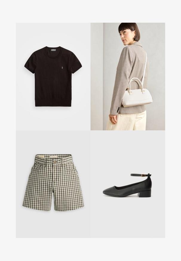 Black short-sleeve t-shirt made from soft fabric featuring a round neckline and a small embroidered logo on the left chest.; Brown and white checked shorts featuring a button closure, two front pockets, and a relaxed fit. Made of woven fabric with a smooth texture.; Black leather pump with a pointed toe and a low block heel. Features an ankle strap with a gold-tone buckle. Smooth texture.; White structured handbag with short handles and a shoulder strap, featuring gold hardware accents and textured material, displayed against a grey background.