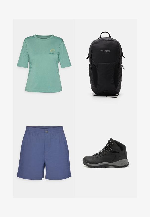 Žalios spalvos trumpomis rankovėmis marškinėliai, pagaminti iš minkštos medžiagos. Su apvaliu kaklu ir maža geltona palmės medžiaga siuvinėjimu kairiajame krūtinės kampe.; Tamsiai mėlyni šortai, pagaminti iš lengvos medžiagos, su elastinga juosmens juosta, priekiniais sagčių užsegimais ir šoninėmis siūlėmis, užtikrinančiomis patogų prigludimą.; Juodas žygio botas su vidutinio aukščio dizainu, pasižymintis tekstūruota viršutine dalimi, pilkų akcentų ir patvaria guma padanga su sukibimo gumbais.; Juodas Columbia Titanium kuprinė su lygaus audinio tekstūra, šoninėmis kišenėmis, viršutine rankena ir reguliuojamomis petnešomis. Minimalistinis dizainas su subtiliu logotipu.