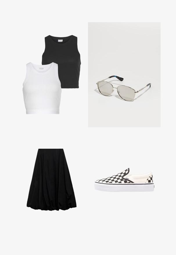 Deux tops courts à côtes en noir et blanc, dotés d'un col rond et sans manches. Chacun a une silhouette ajustée et une texture douce.; Jupe midi noire en tissu léger, présentant une forme volumineuse avec des détails froncés au niveau de l'ourlet et un design plissé à la taille.; Chaussures Vans à enfiler en damier noir et blanc avec une tige en toile, une semelle en caoutchouc et un col rembourré. Bout rond plat avec des accents de semelle blancs.; Lunettes de soleil à monture en métal avec une finition argentée subtile. Verres ovales en gris clair, présentant des branches fines avec un motif bleu et noir aux extrémités.