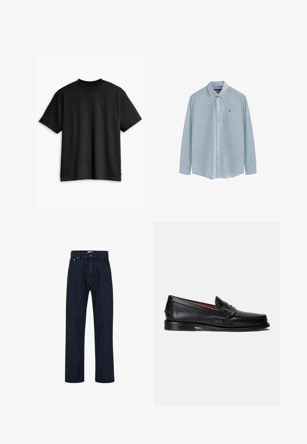 Czarna bawełniana koszulka z okrągłym dekoltem i krótkimi rękawami. Posiada subtelne logo z przodu oraz prostą linię hemu. Prosty i minimalistyczny design.; Jasnoniebieska koszula z długim rękawem, wykonana z gładkiego materiału, z kołnierzykiem zapinanym na guziki, guzikami z przodu i małym ciemnym logo po lewej stronie klatki piersiowej.; Granatowe dżinsy z wysokim stanem, prostymi szerokimi nogawkami, przednimi kieszeniami i metalowym zapięciem. Klasyczny pięciokieszeniowy krój.; Czarne skórzane mokasyny z gładkim wykończeniem, zaokrąglonym noskiem i ozdobnym paskiem na cholewce. Posiadają niską czarną podeszwę.