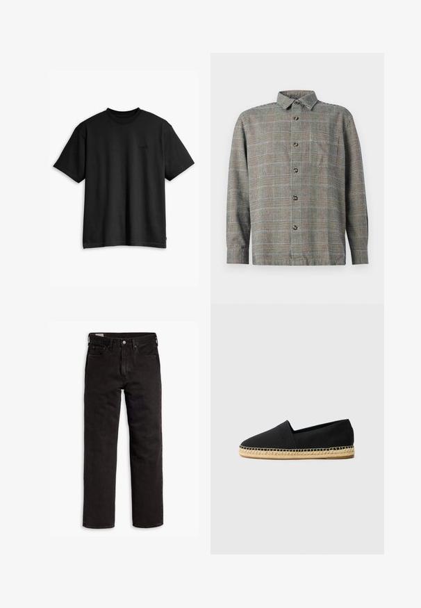 T-shirt en coton noir avec col rond et manches courtes. Doté d'un logo discret à l'avant et d'un ourlet droit. Design simple et minimaliste.; Chemise à manches longues à boutons en motif à carreaux beige et noir avec col et poche poitrine avant sur fond uni.; Jean en denim noir à jambes droites avec cinq poches, fermeture à bouton et passants de ceinture, posés à plat sur un fond blanc.; Espadrille en toile noire avec un bout rond, dotée d'une semelle en jute tissée et de détails de couture le long du bord de la semelle.