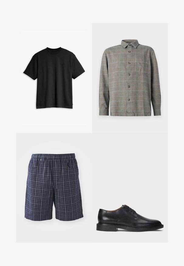 Fekete pamut póló kerek nyakkal és rövid ujjakkal. Diszkrét elülső logóval és egyenes szegéllyel rendelkezik. Egyszerű és minimalista dizájn.; Beige és fekete kockás minta, hosszú ujjú, gombos ing, gallérral és elülső mellzsebbel sima háttér előtt.; Tengeri kockás rövidnadrág rugalmas derékkal, zsebekkel és laza szabással. Könnyű anyagból készült, kockás mintával.; Fekete bőrből készült dresszcipő kerek orral, fűzős kialakítással és alacsony, rétegelt sarkával. Simás felület minimális varrási részletekkel.