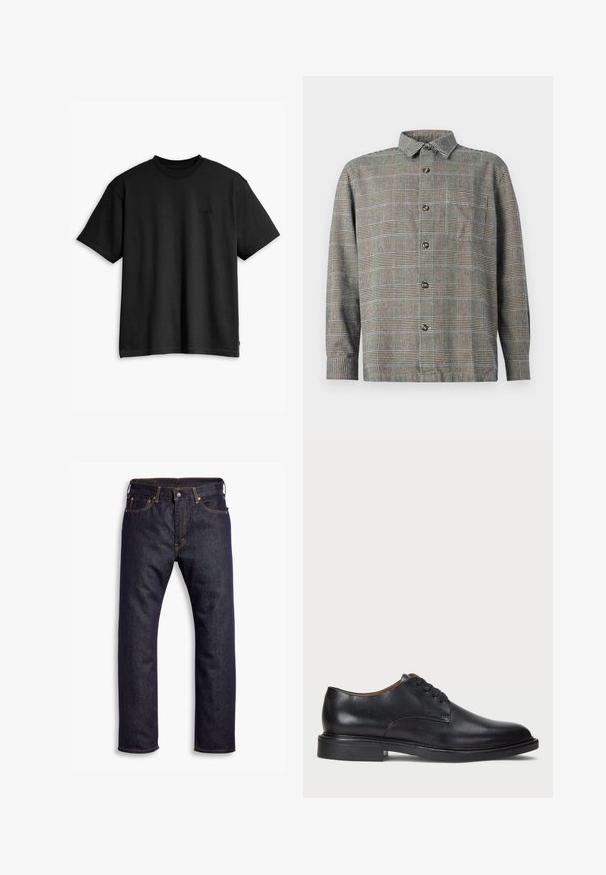 Czarna bawełniana koszulka z okrągłym dekoltem i krótkimi rękawami. Posiada subtelne logo z przodu oraz prostą linię hemu. Prosty i minimalistyczny design.; Beżowa i czarna koszula z długim rękawem w kratę, z kołnierzykiem i kieszonką na piersi, na jednolitym tle.; Ciemnoniebieskie dżinsy o prostym kroju z pięcioma kieszeniami i pomarańczowymi szwami kontrastowymi, ułożone na białym tle.; Czarne skórzane buty wizytowe z okrągłym noskiem, sznurowanym zapięciem i niskim, warstwowym obcasem. Gładka faktura z minimalnymi detalami stębnowania.