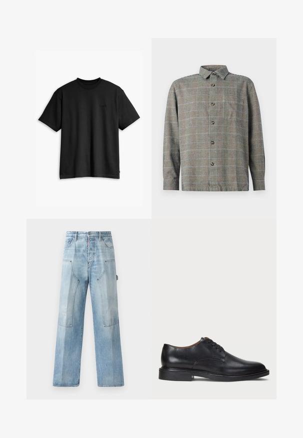 T-shirt preto de algodão com decote redondo e mangas curtas. Apresenta um logo discreto na parte da frente e uma barra reta. Design simples e minimalista.; Camisa de botão de manga longa em padrão xadrez bege e preto com colarinho e bolso no peito, sobre fundo liso.; Jeans de ganga de perna larga em azul claro com uma textura desbotada, bolsos frontais e costuras distintas, apresentando um corte descontraído e hardware minimalista.; Sapato de vestido em couro preto com bico redondo, design com atacadores e um salto baixo empilhado. Textura suave com detalhes de costura mínimos.