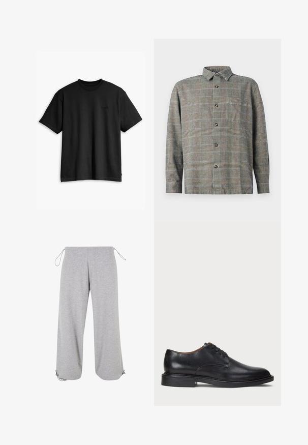 Čierne bavlnené tričko s okrúhlym výstrihom a krátkymi rukávmi. Obsahuje decentné logo na prednej strane a rovný lem. Jednoduchý a minimalistický dizajn.; Košeľa s dlhým rukávom v béžovo-čiernej kárované vzoru, s golierom a prednou náprsné kapsou na jednolatom pozadí.; Svetlo šedé široké nohavice vyrobené z mäkkého bavlneného materiálu s nastaviteľnými šnúrkami v páse a na leme pre prispôsobené nosenie.; Čierne kožené spoločenské topánky s okrúhlym špičkou, šnurovacím dizajnom a nízkym zloženým podpätkom. Hladký povrch s minimálnymi švovými detailmi.