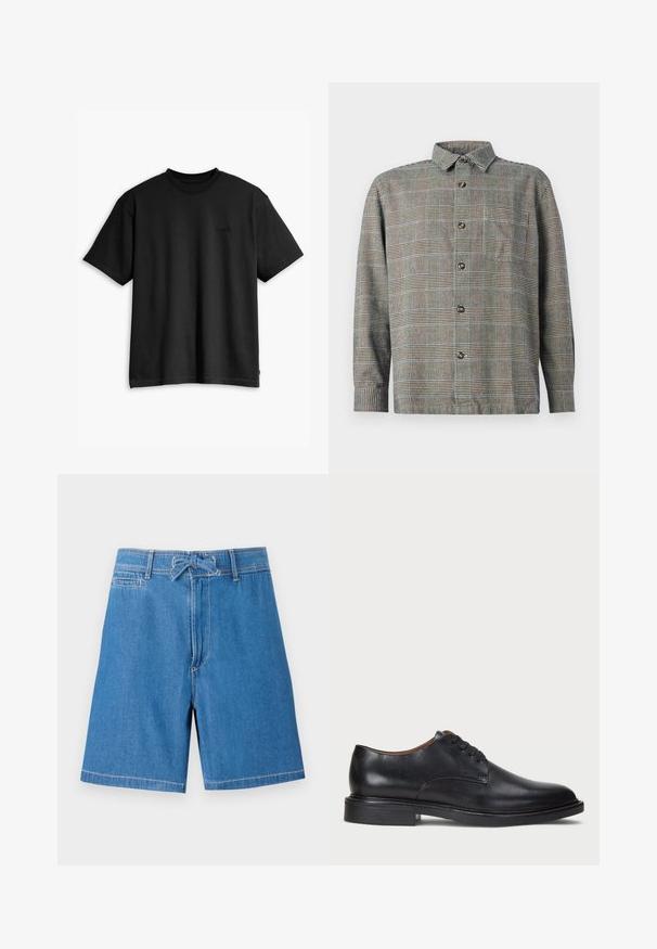 Juodas medvilnės marškinėliai su apvaliu kaklu ir trumpomis rankovėmis. Su subtiliu priekyje esančiu logotipu ir tiesia apatine dalimi. Paprastas ir minimalistiškas dizainas.; Ilgomis rankovėmis marškiniai su apykakle, bežės ir juodų langelių raštu, su priekinėmis krūtinės kišenėmis ant vientiso fono.; Šviesiai mėlynos džinsinės šortai su raišteliu juosmenyje, priekinėmis kišenėmis ir kontrastingos siuvimo linijos. Klasikinis dizainas, iki kelių pasiekiančios apipjaustymas.; Juodas odinis suknių batelis su apvalia nosimi, raišteliais ir žemu, sukrautu kulnu. Lygus paviršius su minimaliais siuvinėjimo detalėmis.