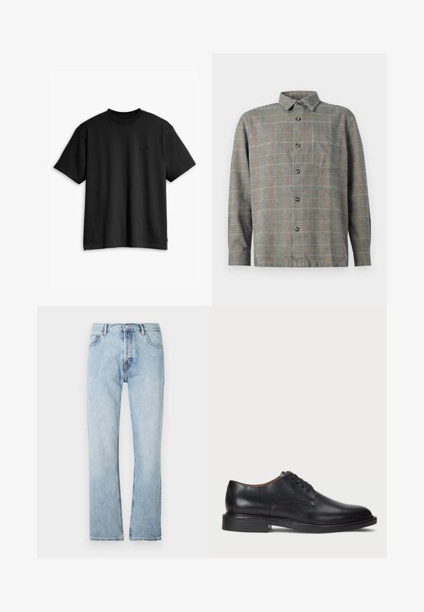 T-shirt preto de algodão com decote redondo e mangas curtas. Apresenta um logo discreto na parte da frente e uma barra reta. Design simples e minimalista.; Camisa de botão de manga longa em padrão xadrez bege e preto com colarinho e bolso no peito, sobre fundo liso.; Jeans de perna reta em azul claro, feitos de denim, com um design clássico de cinco bolsos e fecho de botão na cintura.; Sapato de vestido em couro preto com bico redondo, design com atacadores e um salto baixo empilhado. Textura suave com detalhes de costura mínimos.