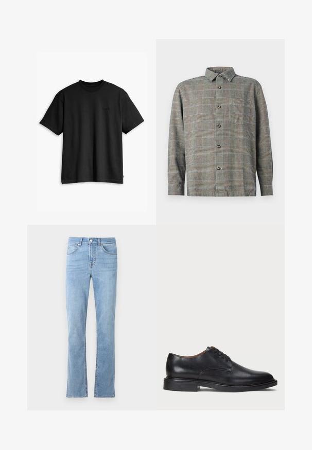 Black cotton t-shirt with a crew neck and short sleeves. Features a subtle front logo and a straight hemline. Simple and minimalistic design.; Long-sleeve button-up shirt in beige and black checked pattern with collar and front chest pocket on plain background.; Light blue, straight-leg jeans made of cotton denim. Features five pockets, a front button closure, and subtle stitching details.; Black leather dress shoe with a round toe, lace-up design, and a low stacked heel. Smooth texture with minimal stitching details.